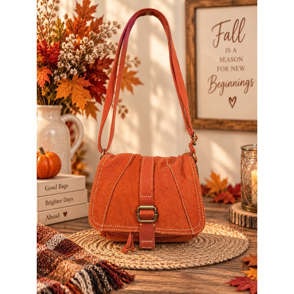 Fossil 1954 Genuine Classic Orange Corduroy Crossbody Bag Small Messenger Flap